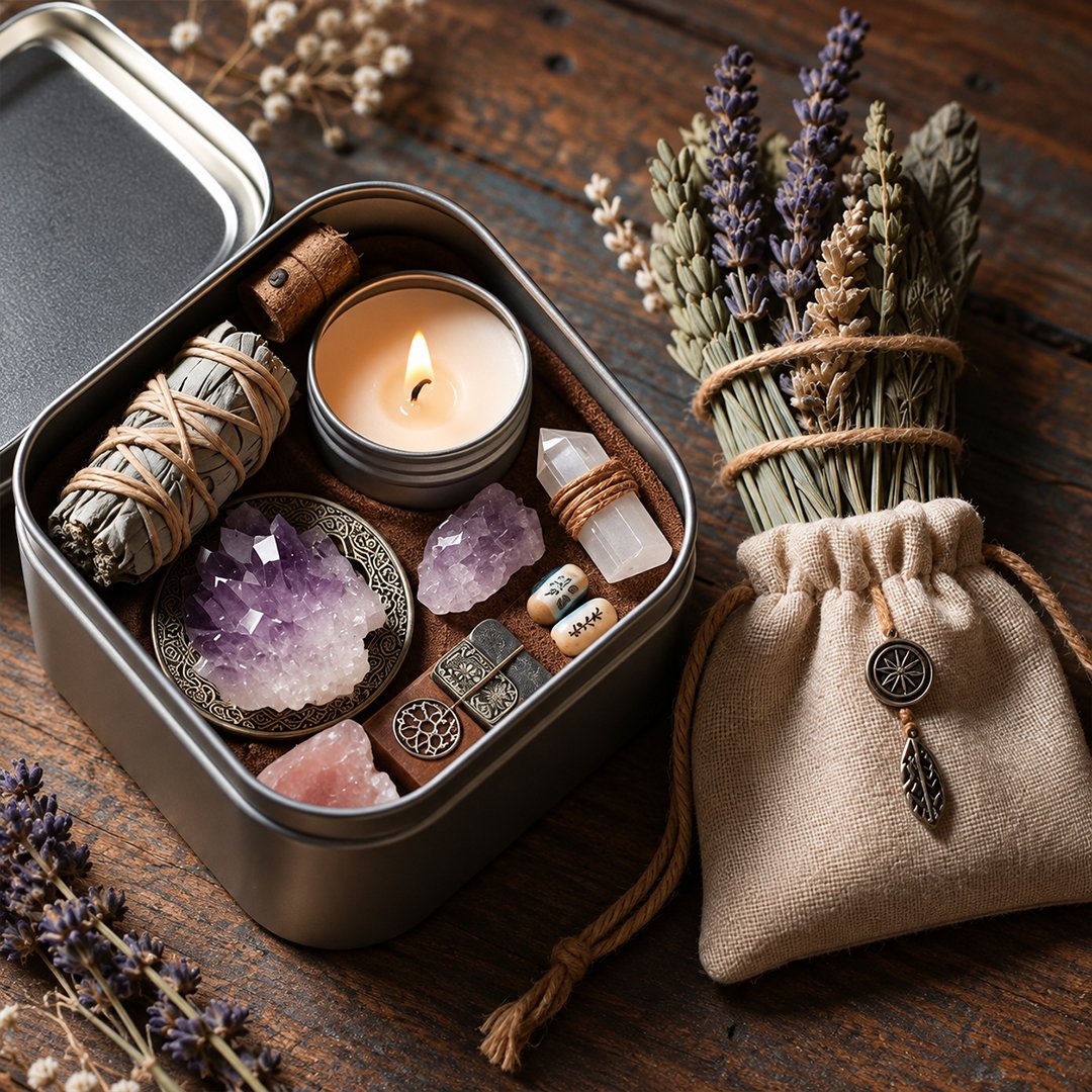 Intention box with candle, crystals and dried flowers